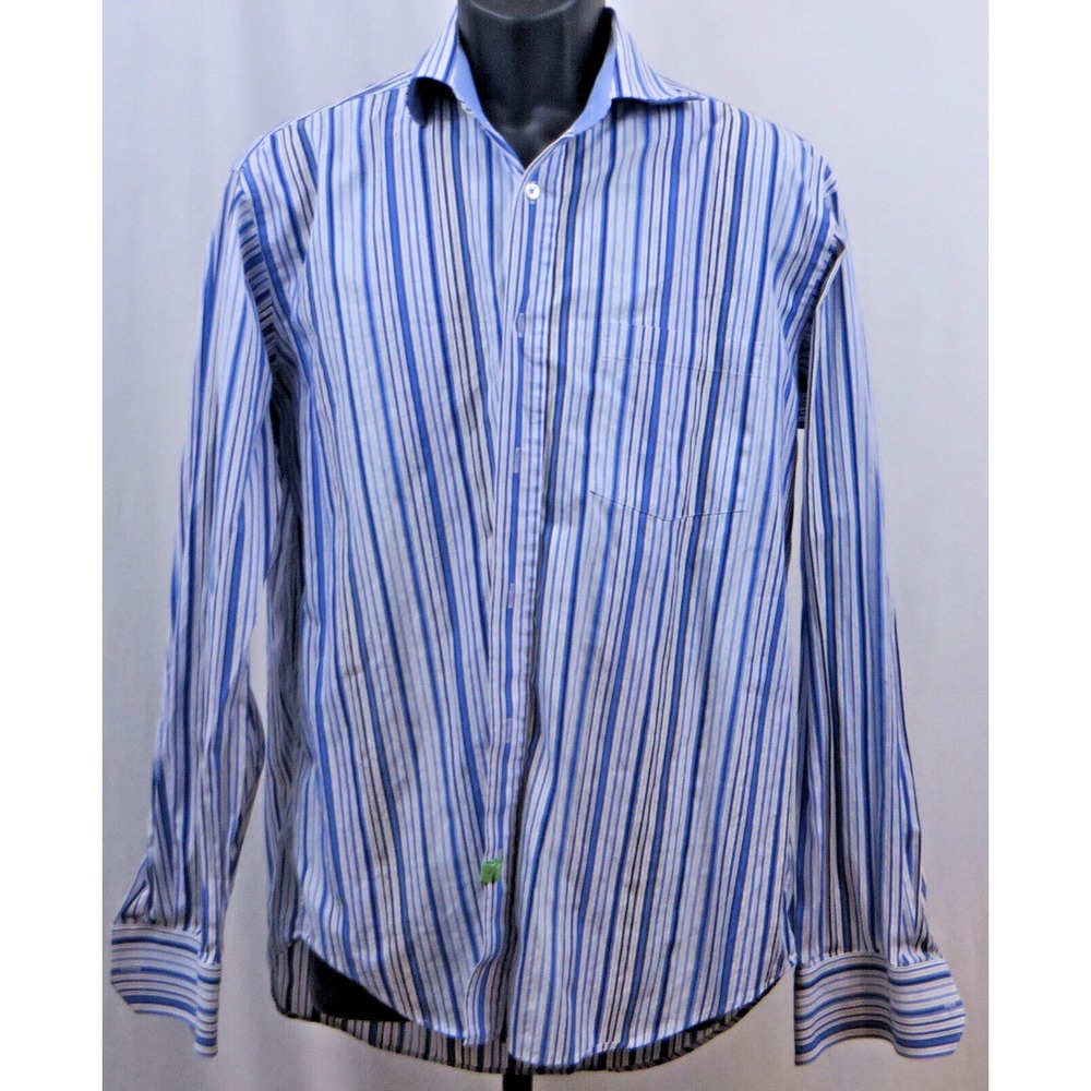 Bugatchi Uomo Striped Button Down Long Sleeve Shirt Classic Fit Blue Large